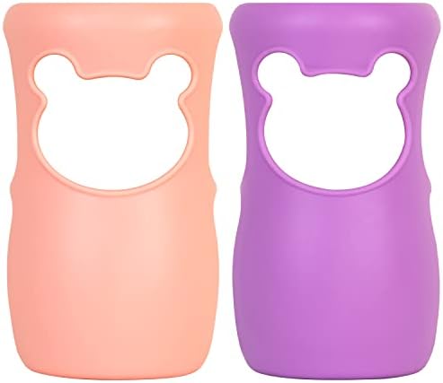 100% Silicone Baby Bottle Sleeves for Philips Avent Natural Glass Baby Bottles, Premium Food Grade Silicone Bottle Cover, Cute Bear Design, 8oz, Pink and Purple, Pack of 2