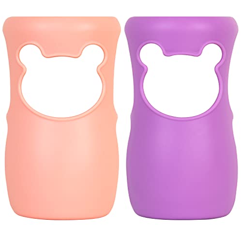 Image of 100% Silicone Baby Bottle Sleeves for Philips Avent Natural Glass Baby Bottles, Premium Food Grade Silicone Bottle Cover, Cute Bear Design, 8oz, Pack of 2 (Pink and Purple)