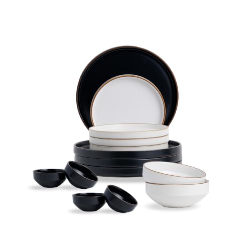 Image of Shay Modern Ceramic Dinner Set, 14 Pcs, Black & White | Crockery Set for Gifting & Dining| Premium Ceramic Dinner Set | Matte Finish (Japandi Dinner Set -Black & White, 14 Piece)