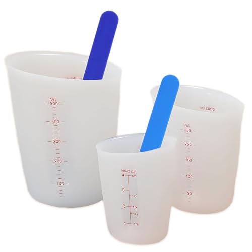 Hwtcjx 3 Pezzi Misurini in Silicone, Tazze in Silicone 125ml 250ml 500ml, Misurino di Miscelazione Antiaderenti per Tazze Graduate Stampi per Colata Resina Epossidica, con Bastoncini