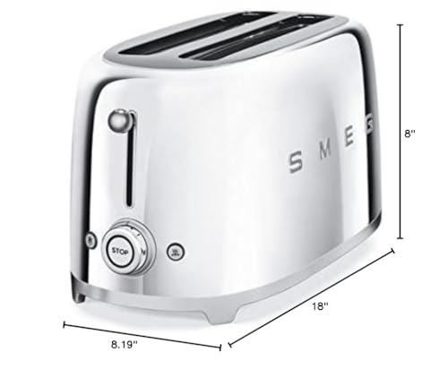 Image of SMEG 4 Slice Toaster TSF02, Long Slot Toaster with Wide Slots for Bagels & Artisan Bread, Retro Stainless Steel, 6 Browning Levels, Defrost Reheat Bagel Functions, 1400W - (Stainless Steel)