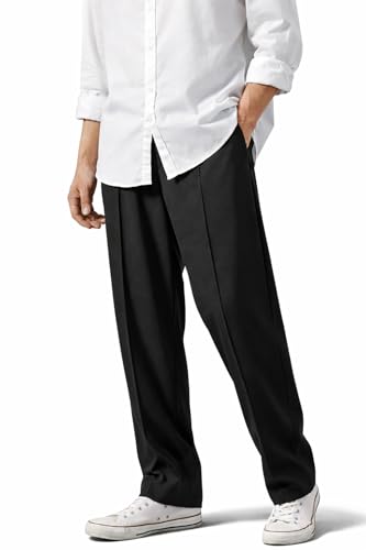 Image of Men's Relaxed Wide Leg Trousers with Adjustable Drawstring Waist - Korean Loose Straight Fit Casual Pants for Lounge, Travel, Streetwear & Everyday Comfortable Wear (in, Numeric, 30, Regular, Black)