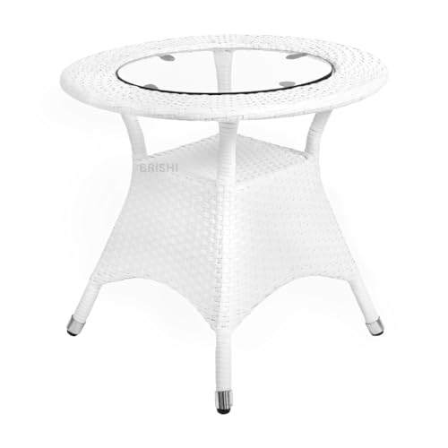 Image of BRISHI 3-Piece Outdoor Rattan Wicker Patio Coffee Table Set with Green Cushion | Garden Furniture for Balcony, Terrace, Poolside & Porch | Waterproof Bistro Sets for Home & Backyard (White)