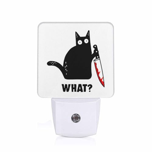 Image of LED Night Light,Black Cat and Knife What LED Night Light Plug into Wall with Dusk to Dawn Light Sensor White Energy Efficient Nightlight for Bedroom Bathroom Hallway Living Room Kitchen