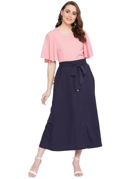 Women Pink & Navy Blue Solid Top with Skirt-image-1