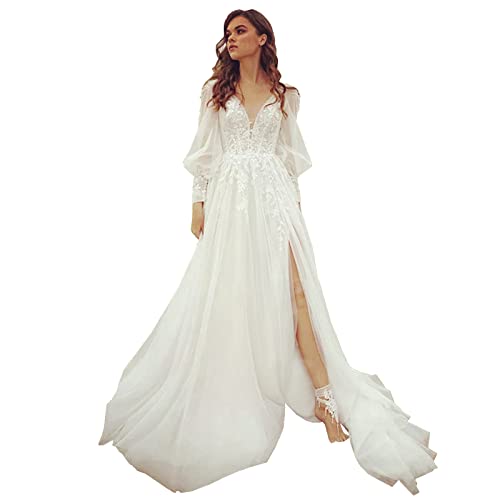 SanLIJIAN Women's Beach V-Neck Puff Sleeve Wedding Dress Tulle High Slit Backless Bridal Gown Lace Applique