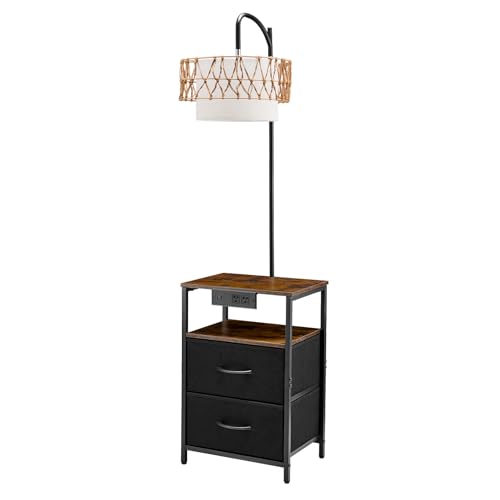 VEVOR Floor Lamp with Table, Handwoven Rattan Shade, 2-Tier End Table with 2 Drawers, 3 Color Temp LED Bulb, Modern Nightstand Side Table with USB Type C AC Charging Port for Living Room Bedroom by VEVOR - Used condition - Image 2