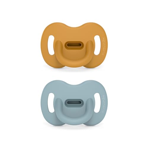 Color Essence SX PRO Silicone Baby Pacifier 2Pk, Made with 100% Soft Silicone, Baby Essentials Perfect for Breastfeeding Babies, Designed in Spain, 0-6 Mths, Mustard/Blue