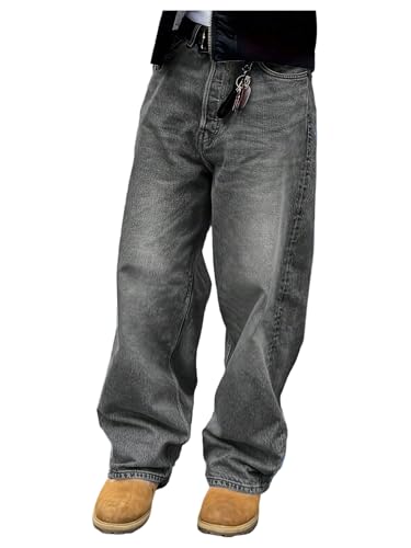 Verdusa Men's Vintage Washed Baggy Jeans Straight Leg Loose Denim Pants with Pockets