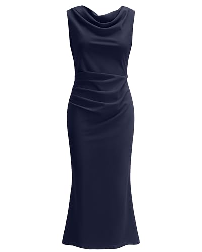 Image of OWIN Sexy Dresses for Women Date Night,Cowl Neck Long Formal Dresses Summer Sleeveless Maxi Bodycon Dress Ruched Mermaid Cocktail Evening Party Dress Navy Blue S