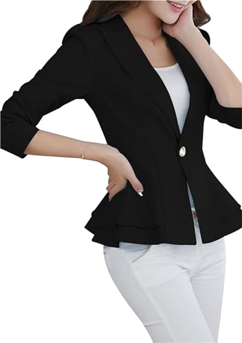 Women Notch Lapel Slim Blazer Plain Long Sleeve Office Jacket Peplum Hem One Button Coat3