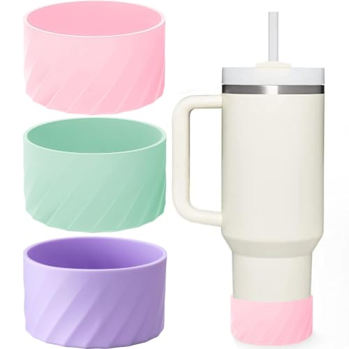 Image of 3Pcs Stanley Cup Accessories, Silicone Water Bottle Sleeve, Anti-Slip Protective Tumbler Cover for Stanley Cup, Purple Pink Green, Universal Fit 6-7cm Base Diameter, Outdoor Office Daily Use