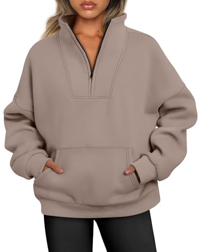 Jhsnjnr Overszie Pullover Damen Fleece Gefüttert Langarm Half Zip Sweater Stehkragen Herbst Sweatshirt mit Kängurutaschen