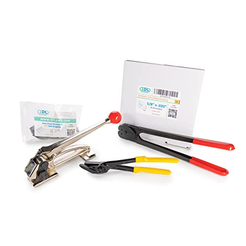 Image of IDL Packaging PRO 5 /8 inch x 200' Steel Strapping Kit, 1400 lbs Break Strength - Professional Grade Tools & Mini Strapping Coils - Enough Strapping and Seals for 100 Uses Before Refill