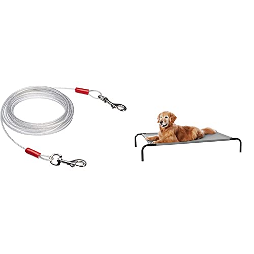 Image of AmazonBasics Tie-Out Cable /Leash for Dogs up to 41 Kg, 25 Feet & AmazonBasics Large Elevated Cooling Pet Dog Cot Bed - 51 x 31 x 8 Inches, Grey Combo