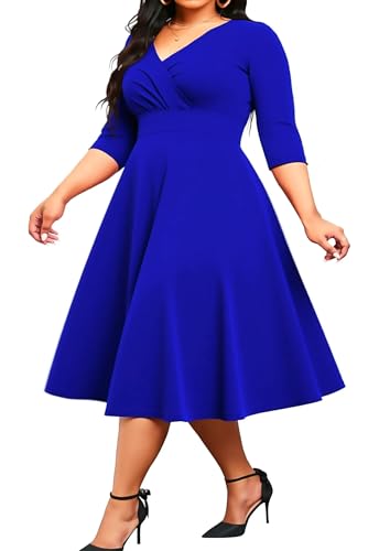 Image of Womens Plus Size Dresses Faux Wrap Summer Dress 3 /4 Sleeves V Neck 1950s Retro Vintage Wedding Party Midi Dress