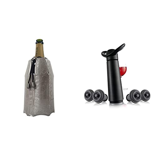 Vacu Vin Refrigeratore per Champagne Attivo Platino & Pompa Salvavino Concerto con 4 Tappi per Il Vuoto Nero