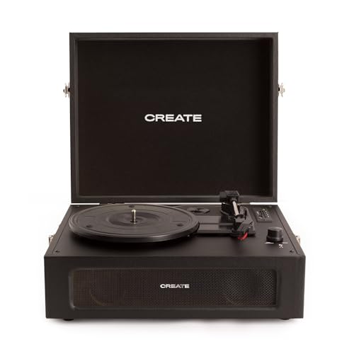CREATE/Record Player Retro/Tocadiscos Retro Negro/Diseño Vintage, Bluetooth, USB, SD, MicroSD,Mp3, Sonido estéreo, 3 velocidades de reproducción, para Todo Tipo de vinilos