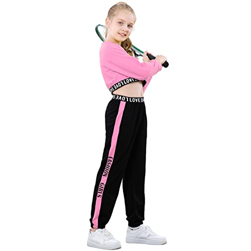 Image of Betusline Girls 2 Piece Outfits Girls Cropped Sweatsuit Pants Outfit Clothes Set, 4T-14 Years