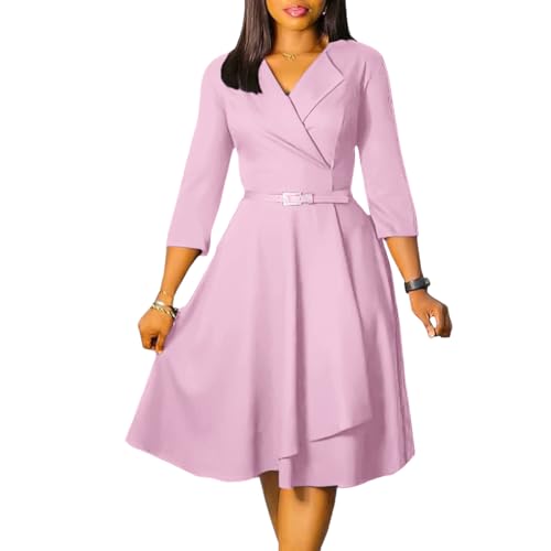 Image of Elainone Women 3 /4 Sleeve Casual Swing Flared A Line Dress Wedding Guest Semi Formal Office Work Dresses with Belt