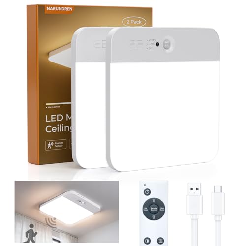 NARUNDREN 2 Pack Rechargeable Motion Sensor LED Ceiling Light with Remote, Wireless Battery Operated Closet Light, 400LM Dimmable 3 Color Temperatures, Ideal for Stair Hallway Garage Pantry