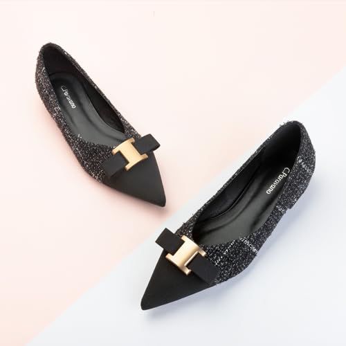 C.Paravano Women's Pointed Toe Ballet Flats with Bow Slip-On Dressy Flats for Women Comfortable Elegant Casual Shoes for Work Part Daily Wear(Black&White,Size 8)2