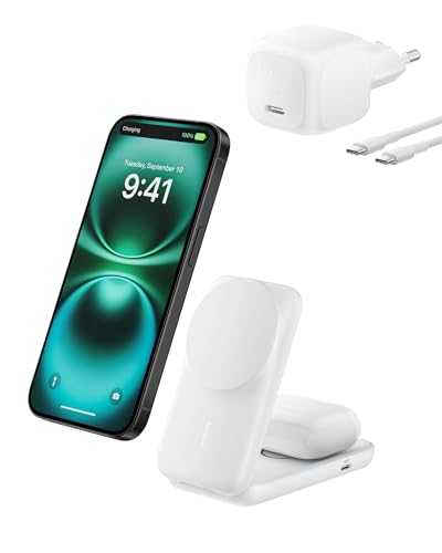Belkin UltraCharge Qi 2.2 Ladestation 2 in 1, 25W, Ladegerät MagSafe Kompatibel, Induktive Ladestation für iPhone 17, iPhone Air, AirPods, Pixelsnap, mit USB-C-Anschluss, 45-W-Adapter - Weiß