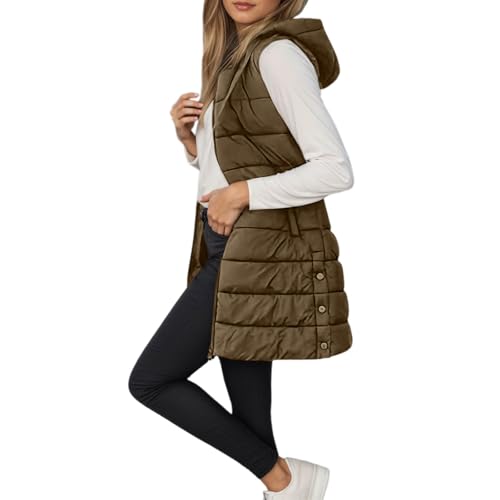 Chaleco acolchado para mujer largo sin mangas con capucha cremallera abrigo de invierno cálido chaqueta larga con bolsillos y capucha de plumón ligera Vest para otoño invierno 2026, caqui, XXL