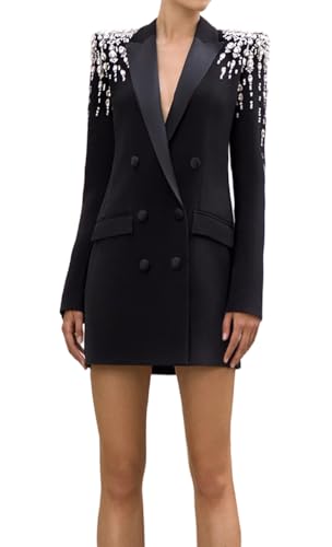 Women's Rhinestone Long Blazer Dress Jacket Luxury Handmade Diamond Satin Collar Double Breasted Women Suit Outfits2