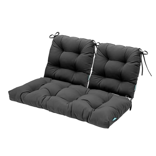 Image of QILLOWAY Outdoor Patio Cushions Set of 3, Wicker Furniture Cushions with Ties, Waterproof Loveseat & Seat Cushions for Patio Bench, Porch Chair, Outdoor Replacement Cushions, Dark Grey