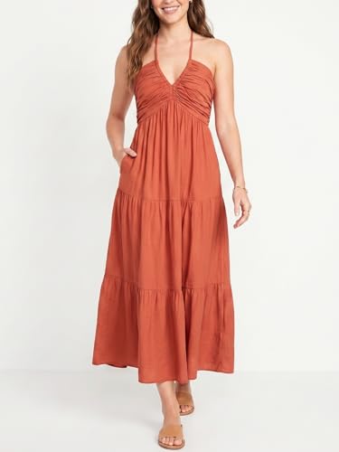 Image of Women's Casual Halter Tiered Vacation Maxi Dress with Pockets