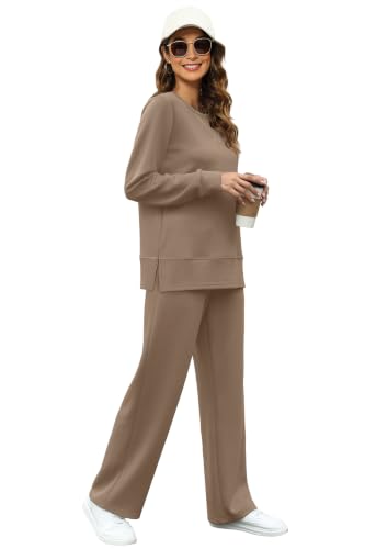 Image of OFEEFAN Women's 2 Piece Lounge Set Travel Airport Outfits Side Slit Tracksuit Wide Leg Loungewear Baggy Comfy Sweatsuit S-3XL