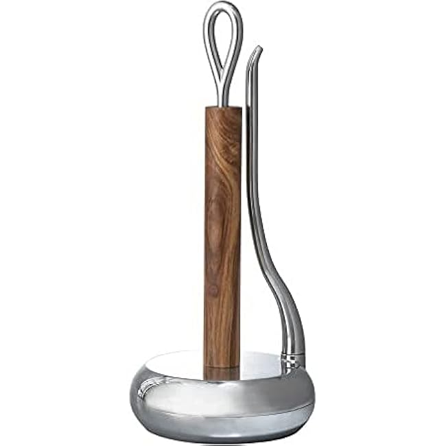 nambe Loop Towel Holder | Paper Towel Stand for Kitchen | One-Handed Operation Countertop Roll Dispenser with Weighted Base | Standard Size Roll | Made of Acacia Wood and Metal Alloy Arm