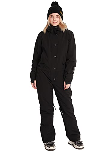 SNBOCON Womens One Piece Ski Suit Colorful Jumpsuits Snowboard Snowsuits Winter Outdoor Waterproof Hooded Jackets for Snow Sports (XL,Black)
