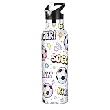 FLildon 20oz Water Bottle with Straw Lid, Playful Soccer Balls Stainless Steel Sport Water Bottle Leak-Proof Double-Wall Vacuum Insulated Bottles