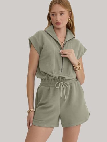 Image of Rompers for Women Summer Short Sleeve Half Zip Lapel Collar Jumpsuit Casual Drawstring One Piece Outfits with Pockets