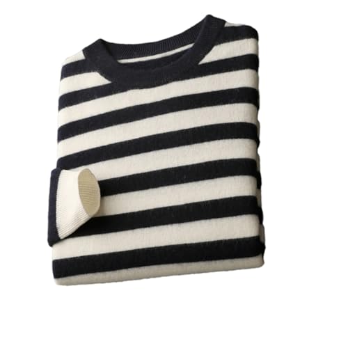 Mens Crew Neck Striped Sweater 100 Percent Merino Wool Knitted Pullover Casual Long Sleeve Jumper