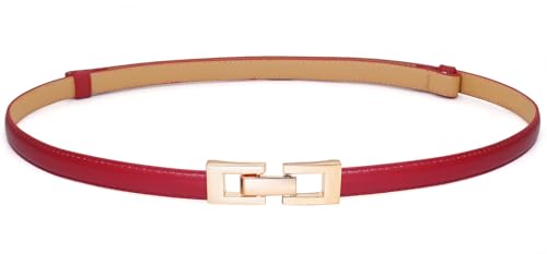 Women's Skinny Belts Thin PU Leather Waist Belt with Gold Alloy Buckle for Dresses
