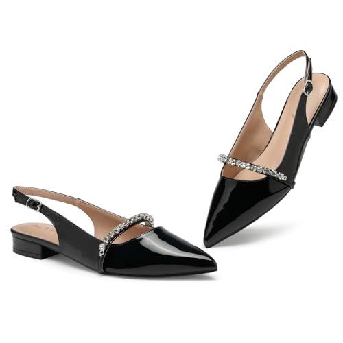 Zhabtuc Ballerines à Bride arrière pour Femmes avec Strass et Bout Pointu pour Femmes Chaussures habillées, Vernis Noir, 42 EU