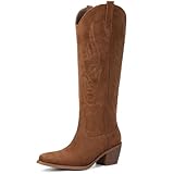 Pasuot Brown Cowboy Boots for Women - Wide Calf Cowgirl Knee High Western Boots with Side Zip and Embroidered, Pointed Toe Chunky Heel Pull On for Ladies Fall Winter Suede Size 8