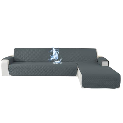 CYCMACO Funda Sofa Chaise Long 2 Plazas Impermeable, Fundas Sofa L Chaise Longue Izquierdo/Derecho Reversible, Antideslizante, Ajustables, Anti Gatos, Gris Oscuro