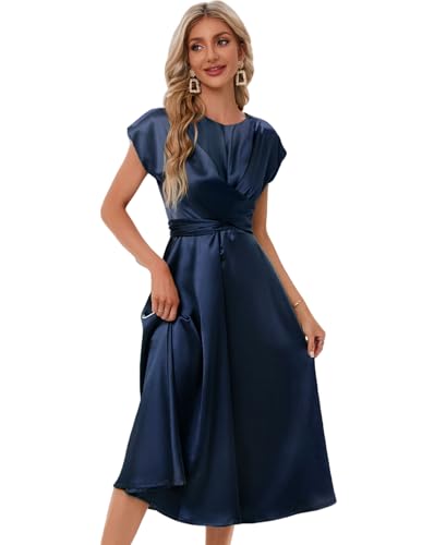 Image of Women's Summer Satin Dress Elegant A-Line Cap Sleeves Tie Waist Flowy Midi Dress Cocktail Wedding Guest Dress