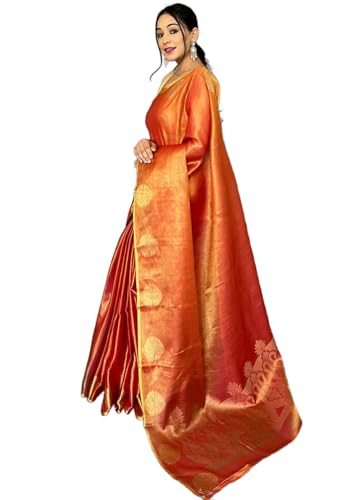 Image of SWORNOF Gold-Toned Woven Design Silk Zari Tissue Saree | Saree for Women | Soft and Skin Friendly