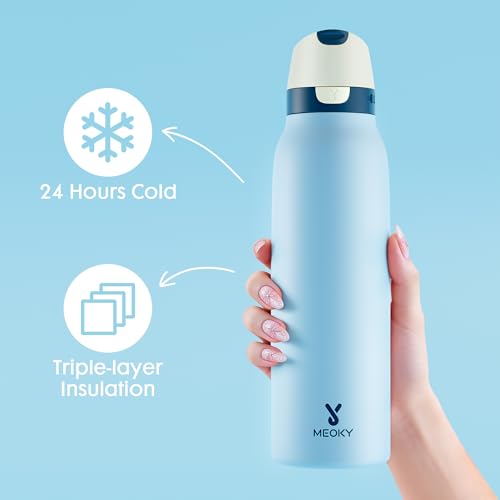 Image of Meoky 24 oz Travel Water Bottle Insulated: Leak Proof Locking Lid, 2-in-1 Straw and Spout, 24 Hours Cold, Top Handle, Fits in Car Cup Holder, Stainless Steel Slim Water Bottle for Hiking, Cove