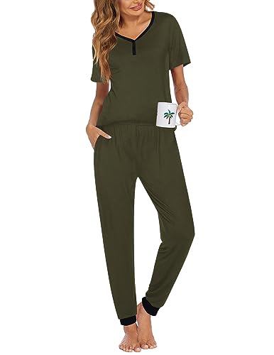 Image of Ekouaer Pajamas for Women Set 2 Piece Fall Lounge Sets Short Sleeve Pjs Joggers Long Pants Sleepwear with Pockets