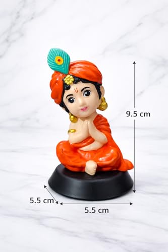 Image of Krishan Ji Sitting Open Eyes Dashboard Idol, Orange | Premium Resin, Hindu God Murti, Double-Sided Tape Base, Car & Home Temple Decor