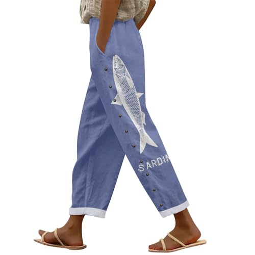 Womens Linen Copri Pants Side-Batton Wide Leg Cropped Summer Beach Pants Loose Cropped Trouser, Blue, Small