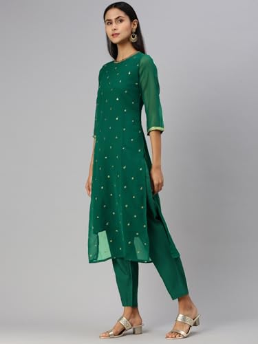 Image of Saanjh Women's Faux Georgette Embellished Printed Straight Kurta with Bottom||Kurta Set