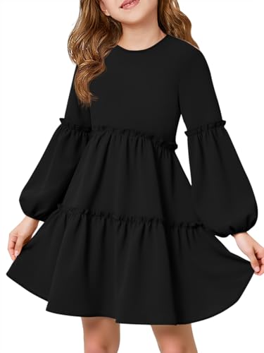 Girls Lantern Long Sleeve Dress Kids Flowy Tiered Ruffle Crewneck A-Line Fall Dresses 5-14 Years