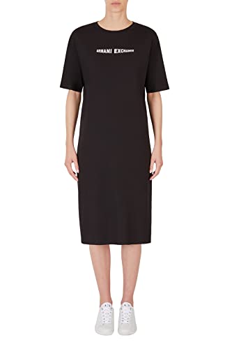 Armani Exchange Cuello Redondo, Logotipo en la Parte Trasera y Delantera Vestido, Negro, XS para Mujer
